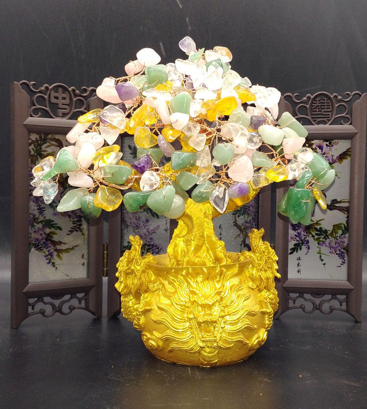 Crystal Tree Dragon Base Creative Portable Decoration With Six Copper Coins Rotating Base For Household Or Office Decoration