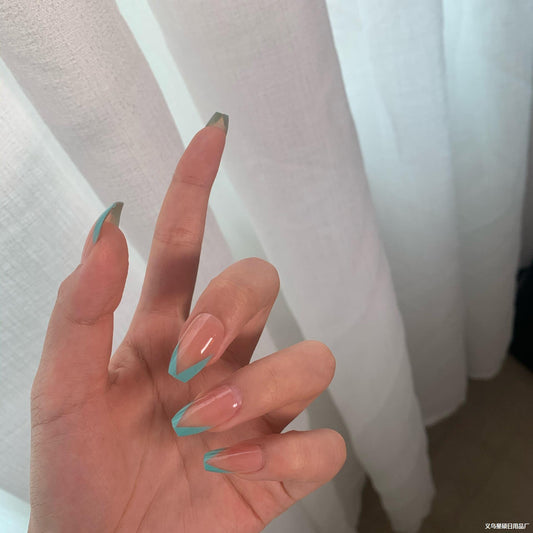 Nude Oblique French Lake Blue and Green Wearing Nail Finished Nail Patch Nail Patch