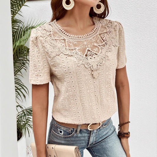 Lace Stitching Hollow Round Neck Solid Color Short Sleeve