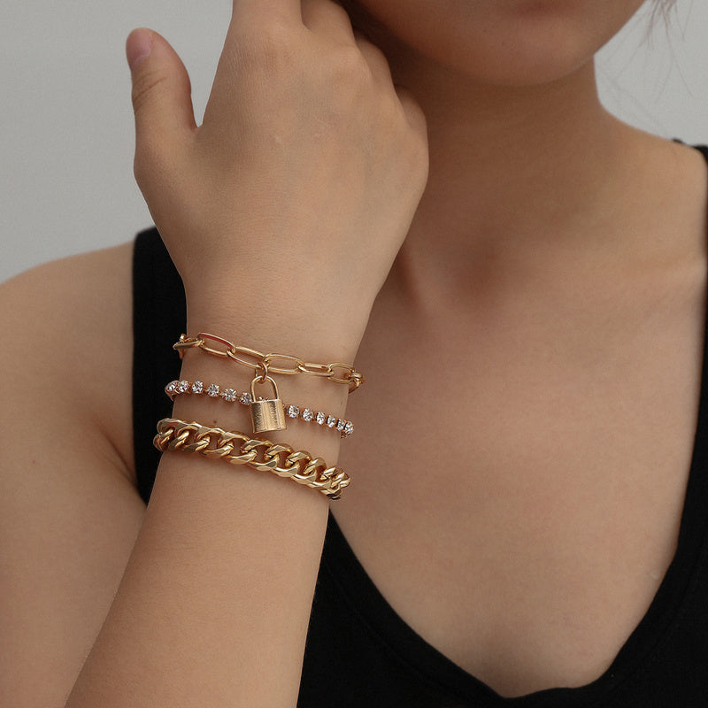 Set of 3 diamond-set bracelets with small lock